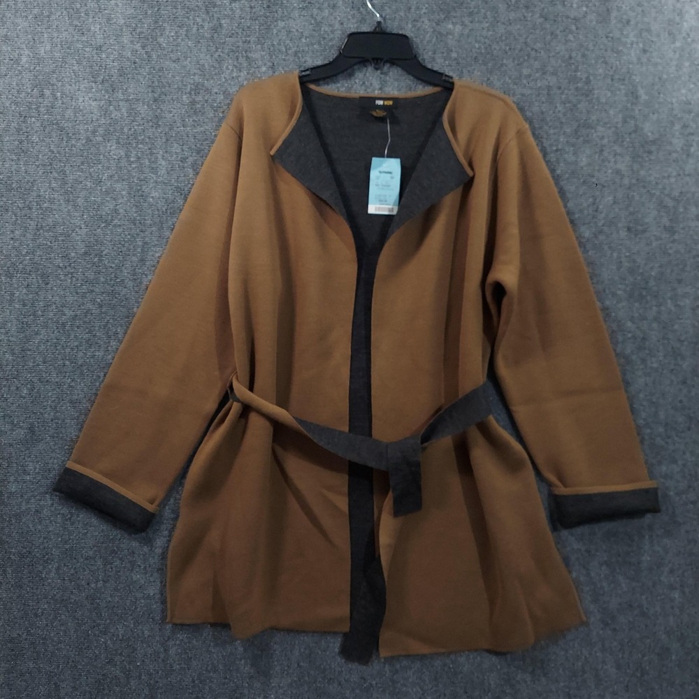 POW WOW Cardigan Sweater Womens‎ XL Brown Gray Wrap Belted Open Front Wool NWT